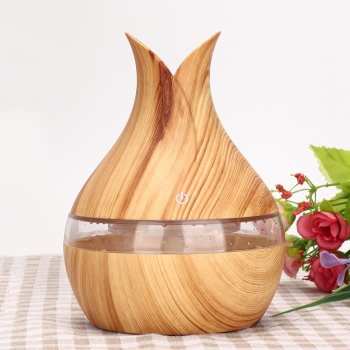VINGVO 300ml Diffuseur d'arôme huile essentielle humidificateur d'air 7 couleurs LED veilleuse léger grain en bois