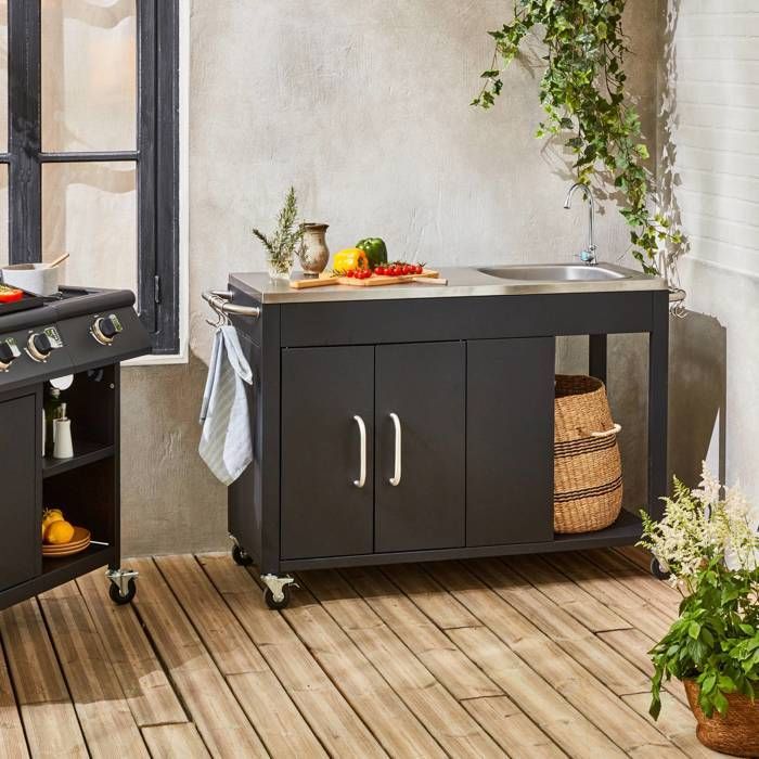 Cocina exterior de acero con fregadero y 2 puertas, 139 cm de ancho, ROCHEFORT