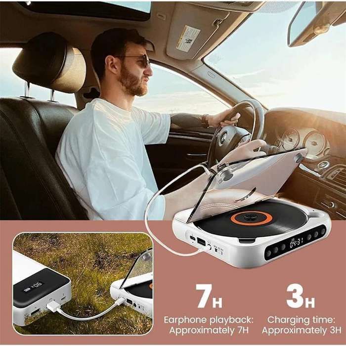 Portable Bluetooth CD Player, USB Type-C Rechargeable with Speaker, MP3/WMA Playback, and LED Screen
