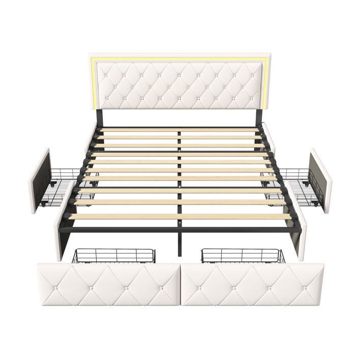 Lit Double Capitonné - AMBIANCE - 160 x 200 cm - Éclairage LED - avec 4 Tiroirs - avec Tête de Lit hauteur réglable