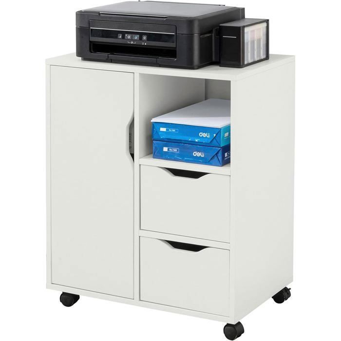 Soporte para impresora SoBuy con ruedas, armario de oficina móvil con 2 cajones, compartimento abierto, blanco, 60x35x70 cm