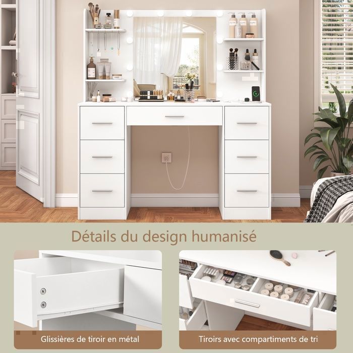 TEENFON Coiffeuse avec miroir et station de charge, 10 ampoules LED, Coiffeuse avec 7 tiroirs, 4 étagères, 107X40X140cm, blanc