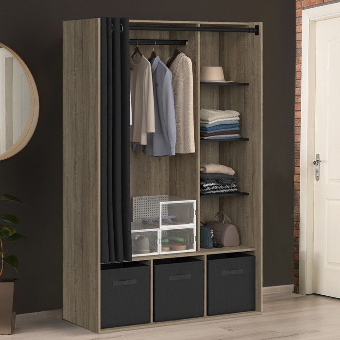 IDMARKET DIANE Wardrobe 105 x 45 x 167 cm Beech with Shelves + Storage Boxes + Black Curtain