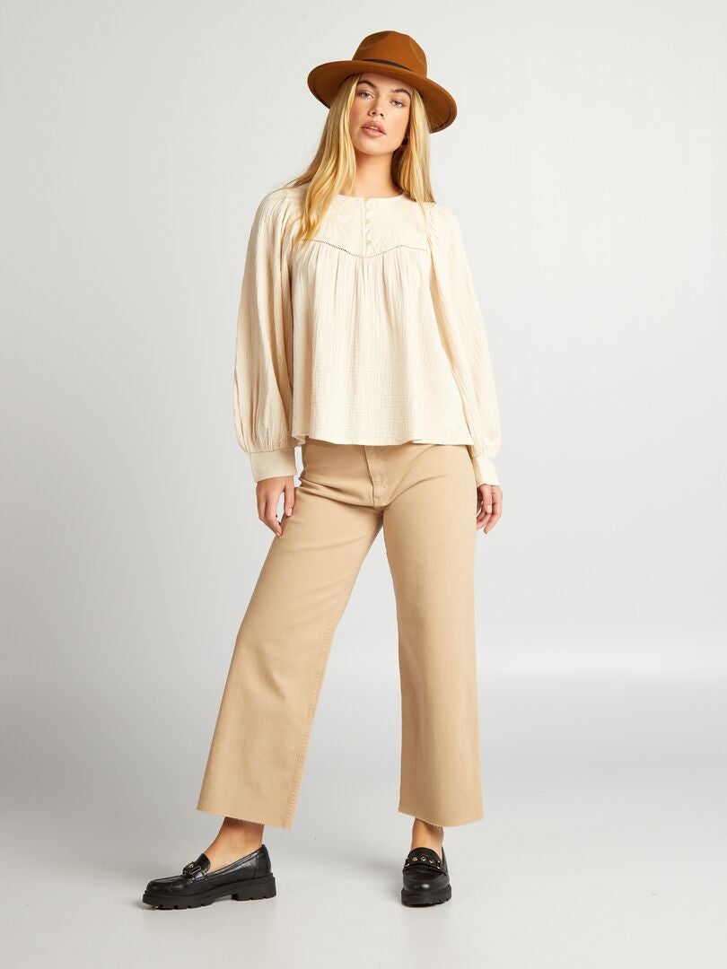 Blusa in garza di cotone con ricamo - BEIGE