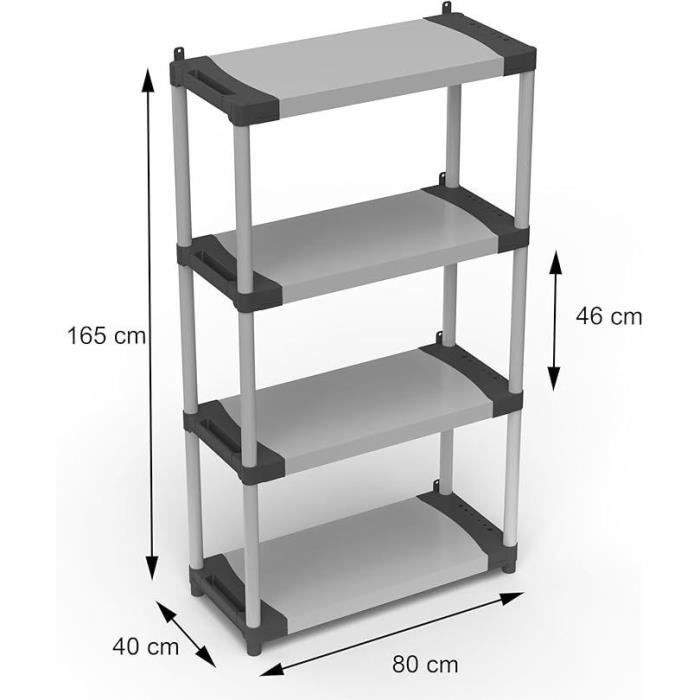 Scaffalatura in plastica - TOOD - 4 ripiani - Portata 80 kg per ripiano - 80x40x168 cm - Nero/grigio