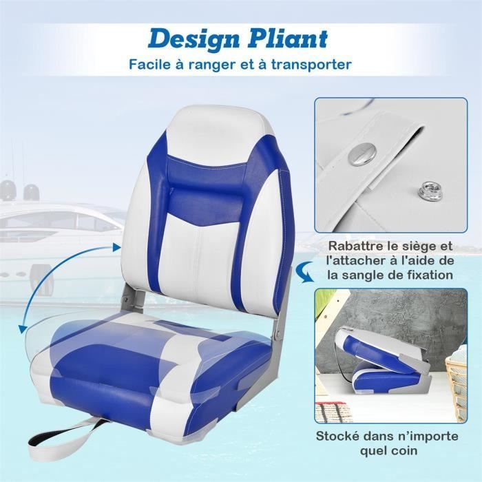 Asiento plegable para barco COSTWAY de 1 pieza con respaldo y cojín de cuero sintético PVC, bisagras flexibles, 4 tornillos incluidos, capacidad de carga de 115 kg, azul.