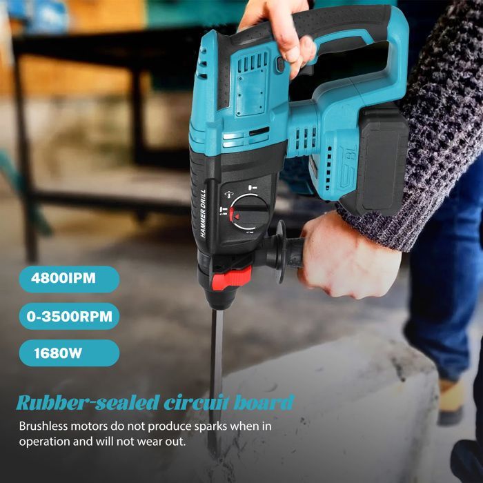 Marteau Perforateur Électrique Sans Fil 1680 W Moteur Brushless, SDS Plus, Perceuse a Percussion avec 4 Fonctions 4800 IPM, 6500 RPM