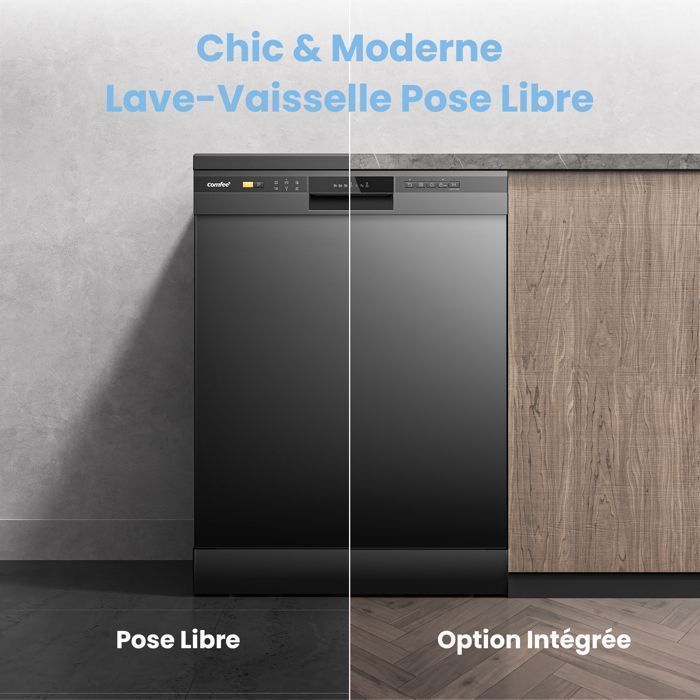 COMFEE Lave-Vaisselle Pose Libre 60cm, 49dB avec 12 couverts, Hygiene Lavage, Dpart Diffr, Demi-Charge - Noir Energy Class D
