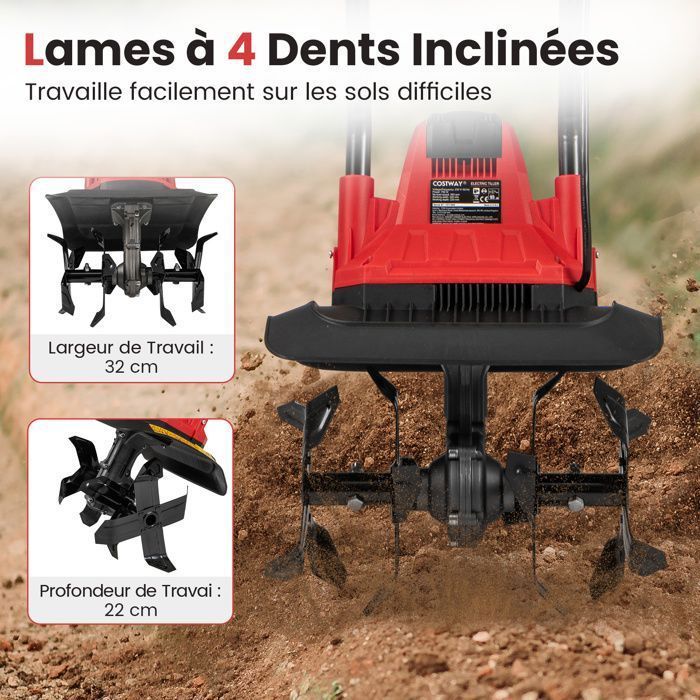 Motobineuse Motoculteur 750W COSTWAY-Largeur 32cm,Profondeur 22cm-Interrupteur de Sécurité-Bouclier-4 Fraises-Poignée Pliable-Rouge