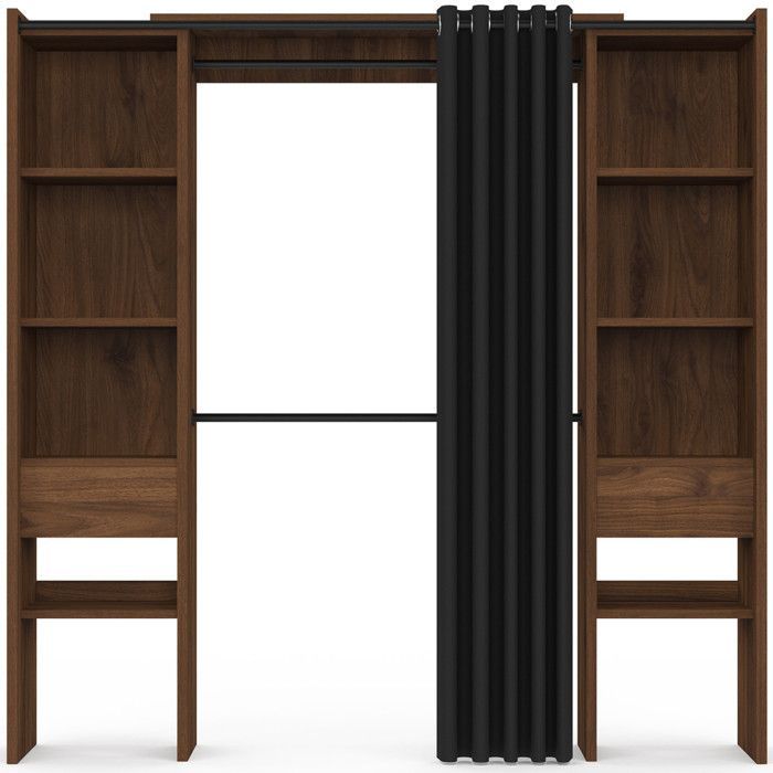 IDMARKET MERYL Uitschuifbare dubbele kledingkast 120/180 x 50 x 180 cm Walnoot met planken + dubbele kledingroede + zwart gordijn