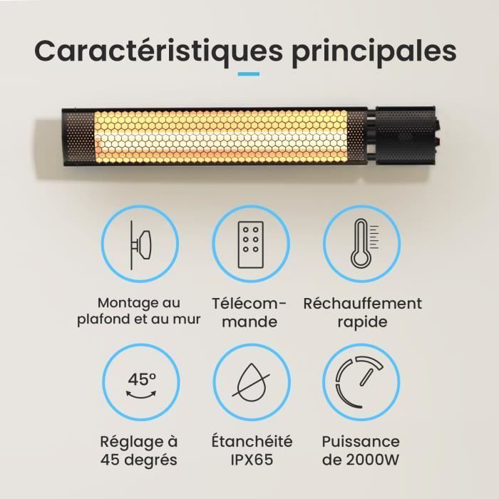 Calefactor infrarrojo para exteriores Pro Breeze de 2000 W - Radiador eléctrico de pared con 3 niveles de intensidad, resistente al agua IP65.