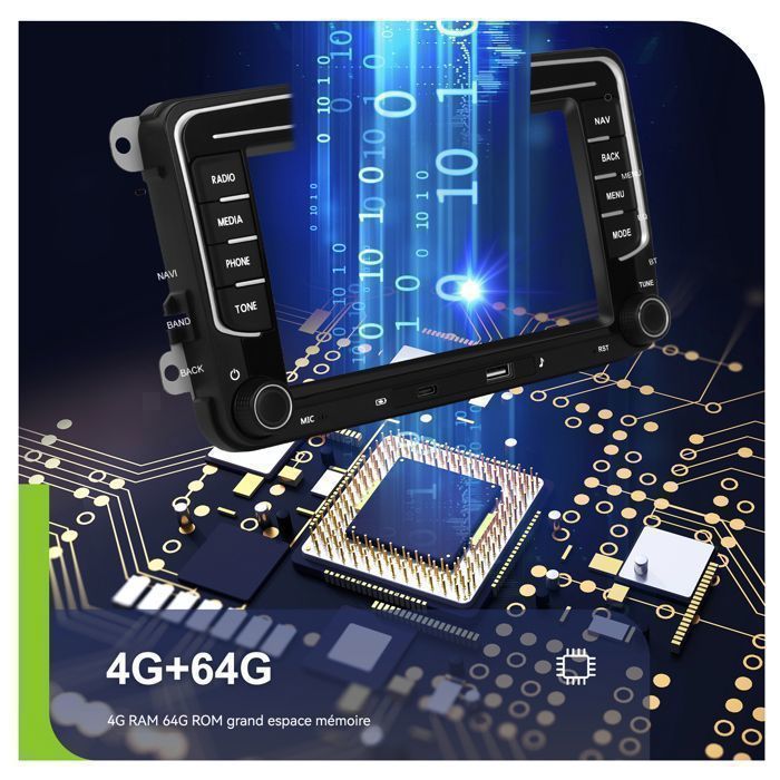 Autorradio Hikity 4G + 64G de 7 pulgadas con Android 15 para VW Golf 5, 6, Touran y Polo, con CarPlay inalámbrico, Android Auto, GPS y cámara de visión trasera.