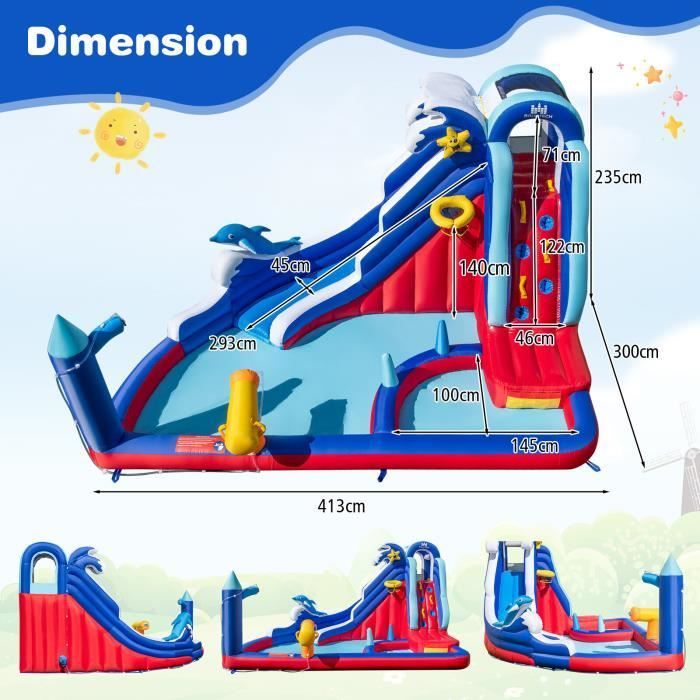 Castillo hinchable COSTWAY 6 en 1 con piscina para niños, parque acuático con tobogán y cañón de agua, 413 x 300 x 235 cm