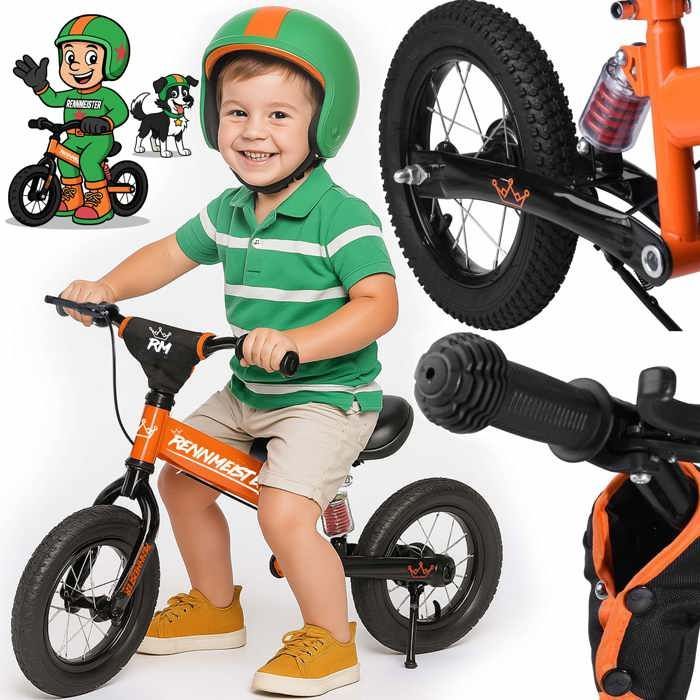 Orange Rennmeister balance bike for children, pedal-free, with suspension, max weight capacity 50kg, drum brakes, shock-absorbing padding, and a cycling saddle.
