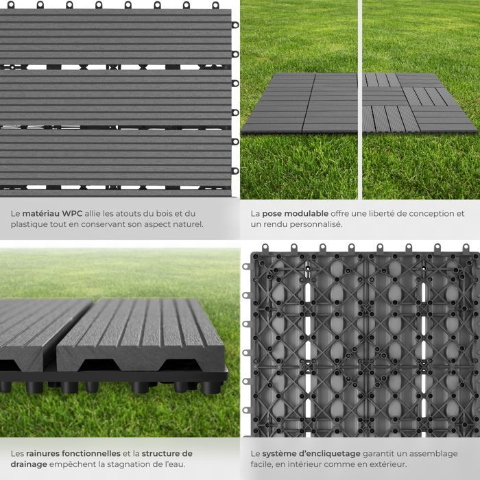 Terrassenfliesen – TECTAKE – Set mit 11 TEGULAS Terrassenfliesen in WPC-Holzoptik – Grau