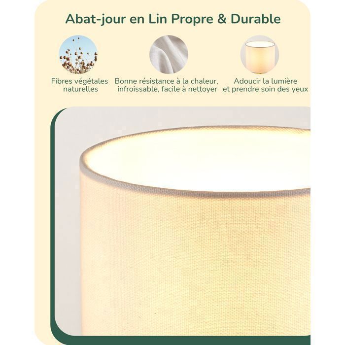 Lámpara de mesa EDISHINE, metal dorado y lino blanco, bombilla LED E27 de 2700 K incluida, 29 cm de altura.