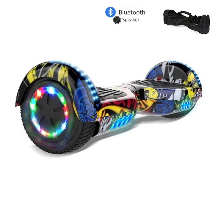 Hoverboard hip-hop de 6,5 pulgadas con altavoz Bluetooth, luces LED multicolor, control remoto y bolsa de transporte incluida.