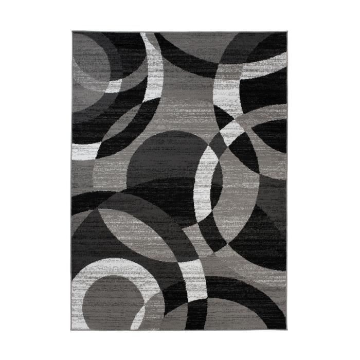 TAPISO Tapis Salon Poil Court Maya Gris Noir Cercles Polypropylène Intérieur 130x190 cm