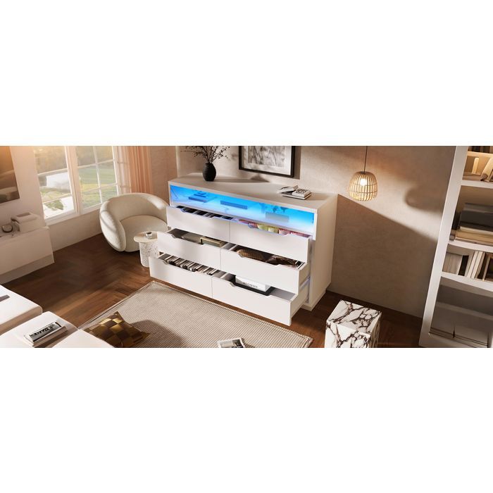 EVRYAE Sideboard mit 6 Schubladen und LED-Beleuchtung, 120 x 40 x 85 cm, Weiß