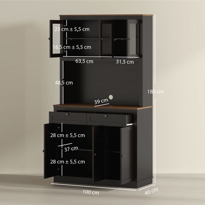 Buffet haut cuisine - HOMCOM - 6 portes, 2 tiroirs, étagères réglables - MDF et panneau de particules - 100x40x180cm - noir
