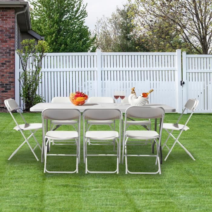 Conjunto de mesa y sillas plegables, ideal para fiestas, conferencias, recepciones, acampadas y jardines; mesa + 8 sillas, color blanco.