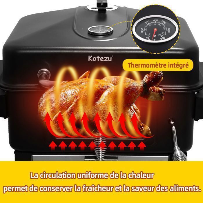 Houtskoolbarbecue met deksel, onderstel met thermometer, verstelbare houtskoolbak, 2 zijplanken, schoonmaakborstel, zwart