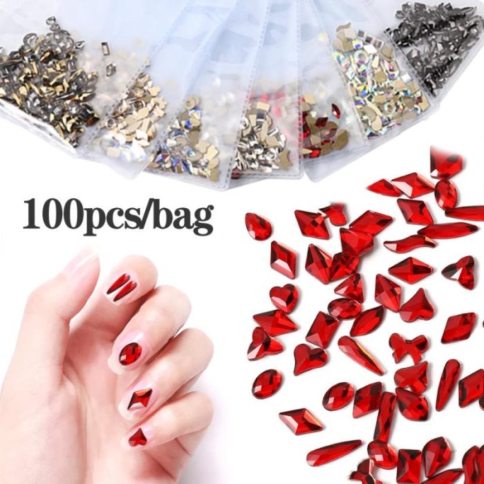 100 strass pour ongles, motifs assortis, couleur AB champagne, perles de verre 3D à dos plat, petites perles irrégulières, pour manucure et nail art.