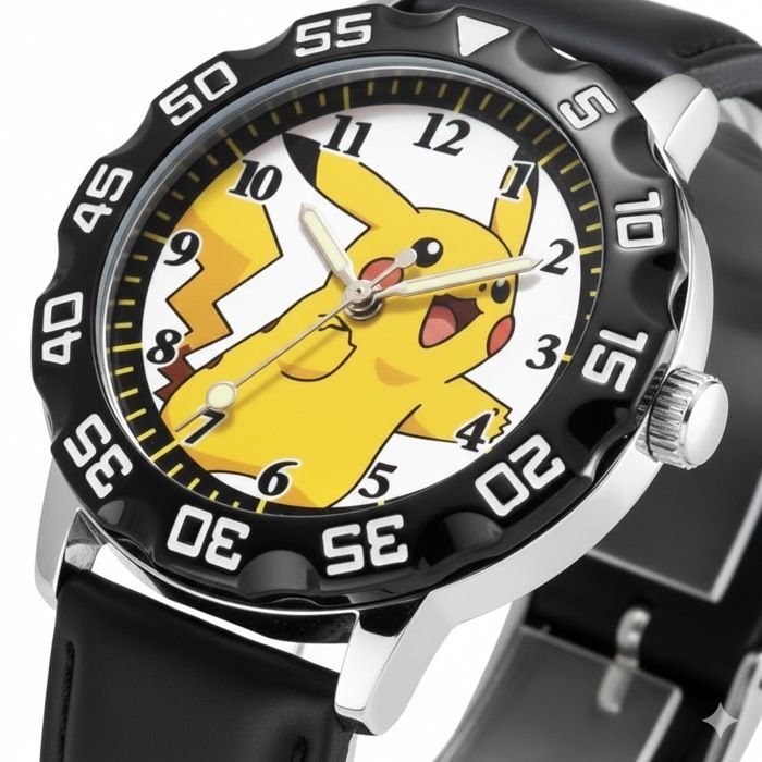 Montre Enfant Pikachu | Bracelet Cuir Noir Végan | Bracelet Réglable | Quartz | Design Pokemon