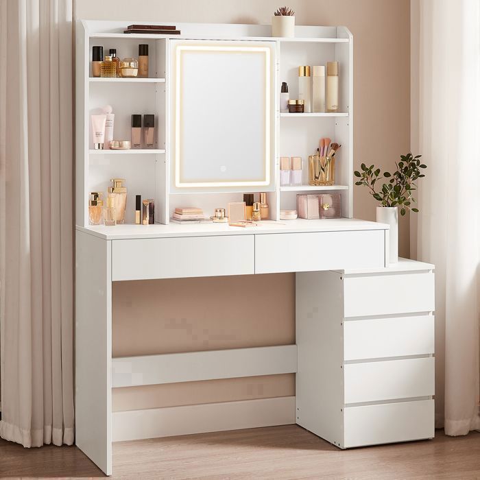 VASAGLE Coiffeuse, Grand Miroir LED à Luminosité Réglable, L-100cm, Compartiments Ouverts, Étagères Réglables, Blanc