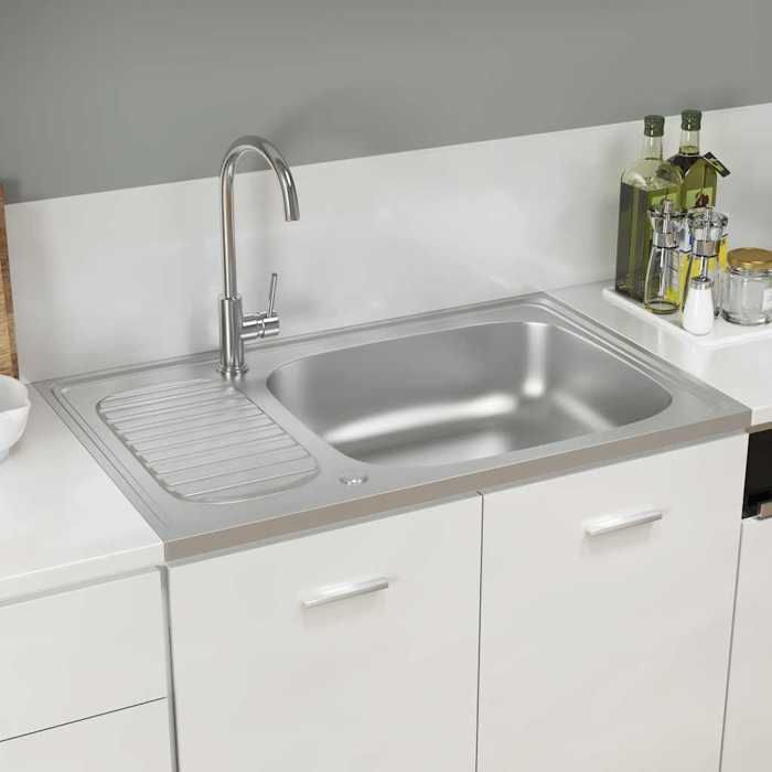 vidaXL Juego de fregadero y escurridor de cocina, fregadero empotrado, lavabo de cocina, interior del hogar, plata, 800x500x155 mm, acero, 147232