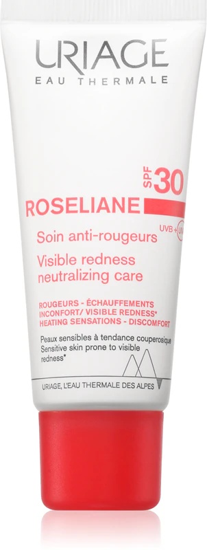 Uriage Roseliane Visible Redness-Neutralizing Care SPF30 je lahka, pomirjujoča krema, ki pomaga v boju proti rdečici.
