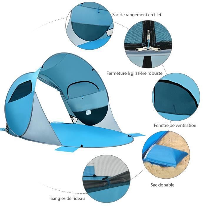 Tienda de playa plegable GYMAX con bolsa de transporte, ventanas, protección solar, capacidad para 3-4 personas, ideal para picnics y viajes, color azul.