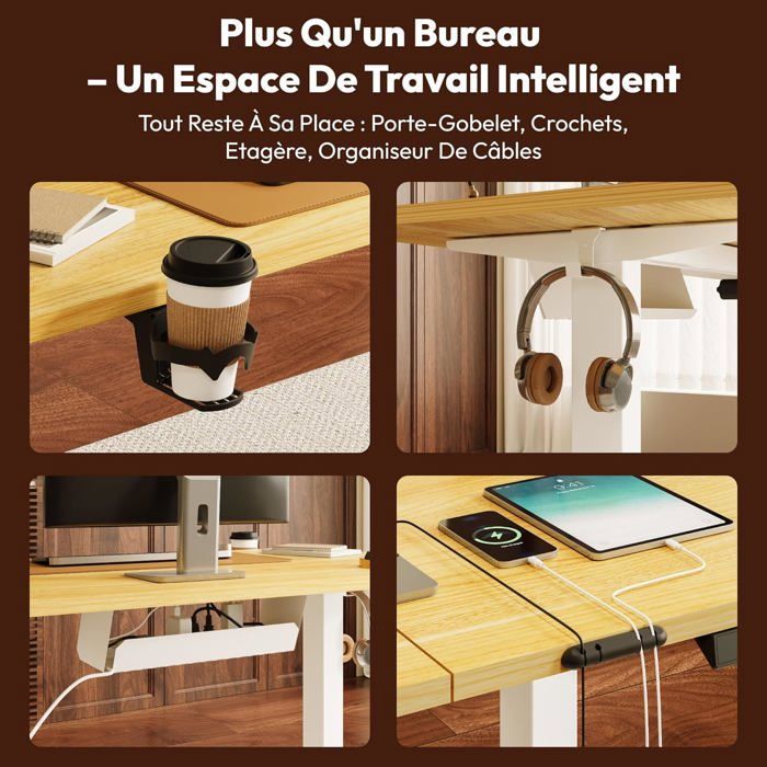 SANODESK Elektrisch zit-sta bureau 160x60cm, met antibotsingssysteem en geheugenfuncties, haak/bekerhouder, esdoornhout