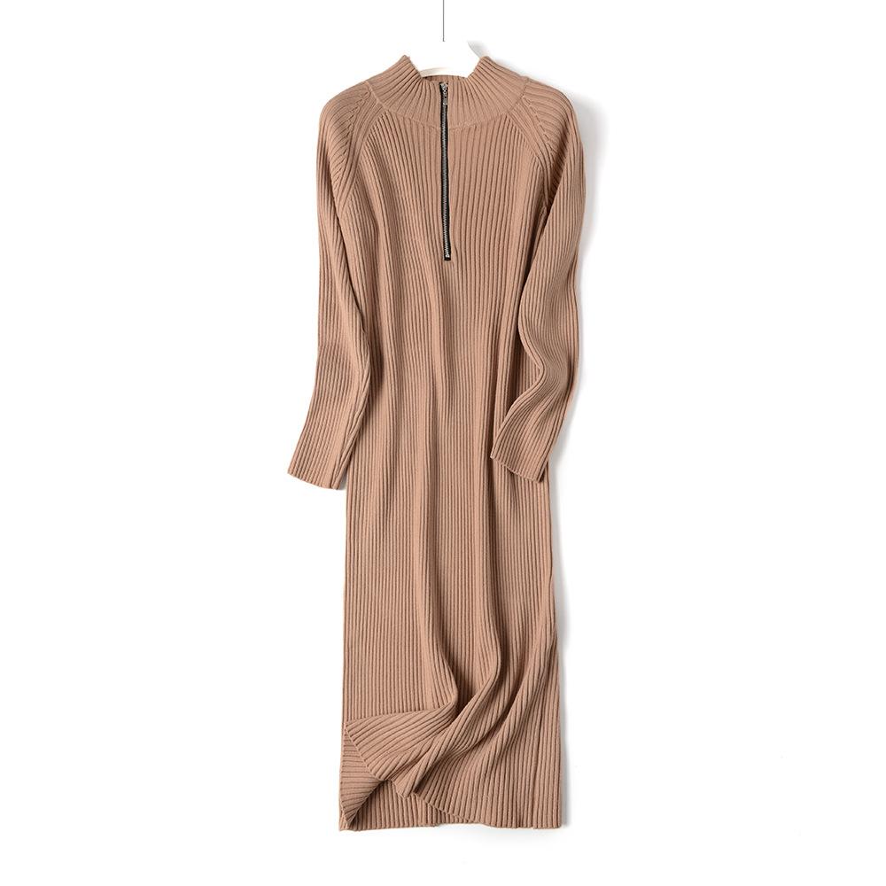 Robe d'été droite basique à fermeture éclair, robe élégante en maille, robe longue ample et oversize pour femme, robe droite chic en maille.