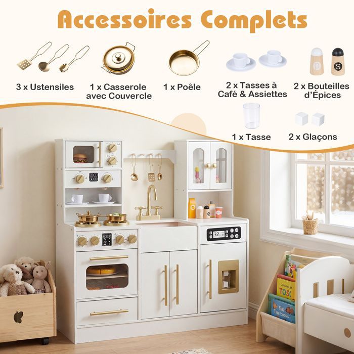 Cocina infantil de madera COSTWAY para mayores de 3 años, 12 accesorios, luces y sonidos, con heladera, microondas, cafetera, color blanco.