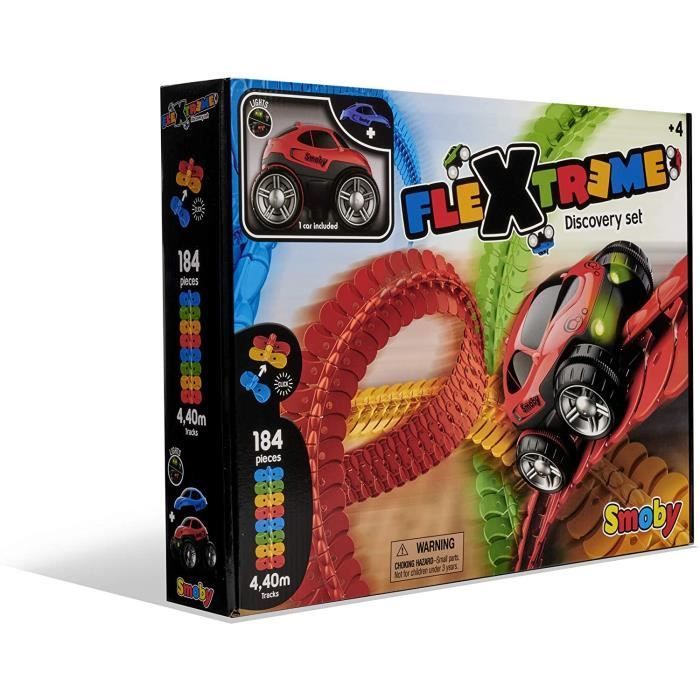 Smoby FleXtreme Set Découverte 4m40 de Circuit de Voiture 184 Pistes Flexibles et Modulables + 1 Véhicule Effets Lumineux Pil 36