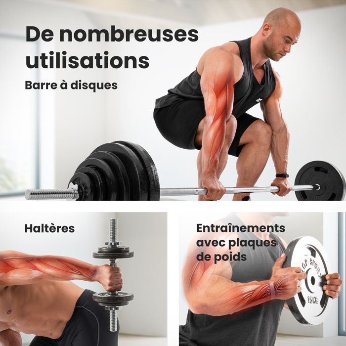 Hop-Sport 77kg gietijzeren halterset, twee korte stangen, SZ-curlstang, gewichtsschijven, halterset voor krachttraining