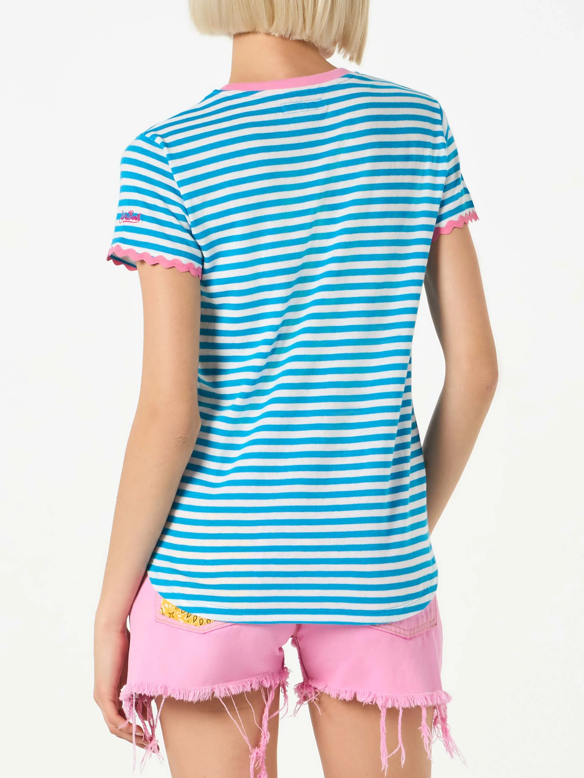 Dames katoenen T-shirt met geborduurde tekst Bonjour St. Barth