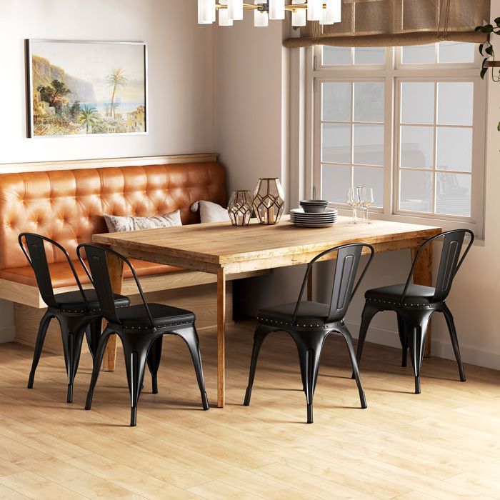 4er-Set stapelbare Esszimmerstühle aus Metall – COSTWAY – Abnehmbare Rückenlehne – Sitzfläche aus gepolstertem Kunstleder – 53 x 44 x 84 cm, Schwarz