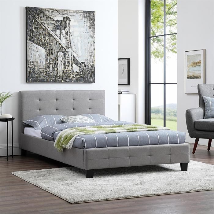Cama individual MARLON para adultos con somier de láminas de 120x190 cm, para 1,5/1 persona, cabecero y piecero tapizados, en tela gris.