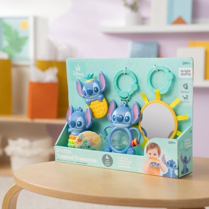 DISNEY BABY - STITCH - Coffret Cadeau Naissance​  - 4 jouets bébé , Hochet, Anneau de dentition, Jouets multisensoriels