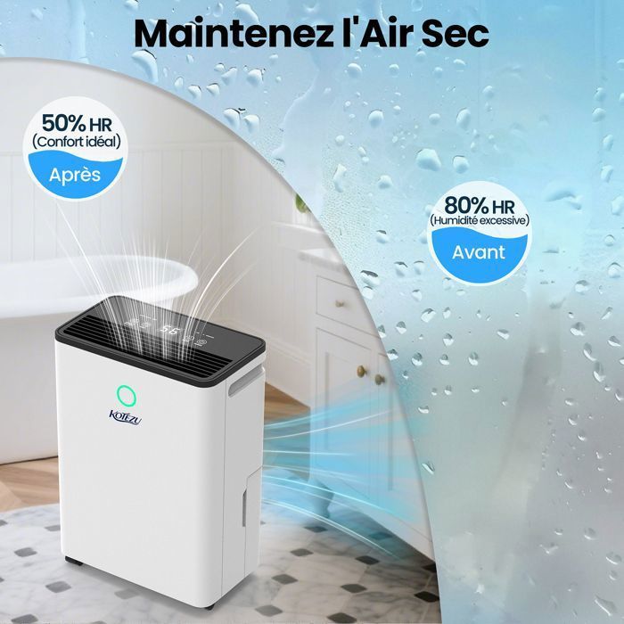 Déshumidificateur d'Air Électrique 12L/Jour, 3 Modes-Auto/Continu/Personnalisé, 5 à 20m² Chambre/Bureau, Réservoir 2.5L, 240W,