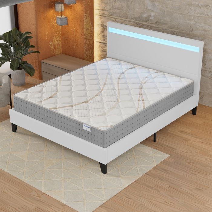 Colchón y cama (140x200cm) - Muelles ensacados Essem de 25cm y espuma de alta densidad + Base de láminas estable y cabecero LED Blanco