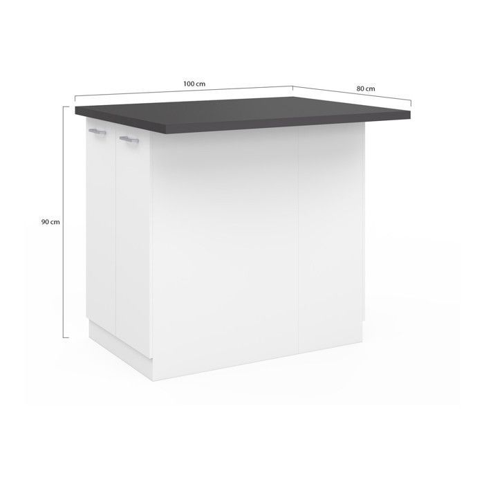 IDMARKET Ilot central IVO 100 cm blanc avec plan de travail gris anthracite