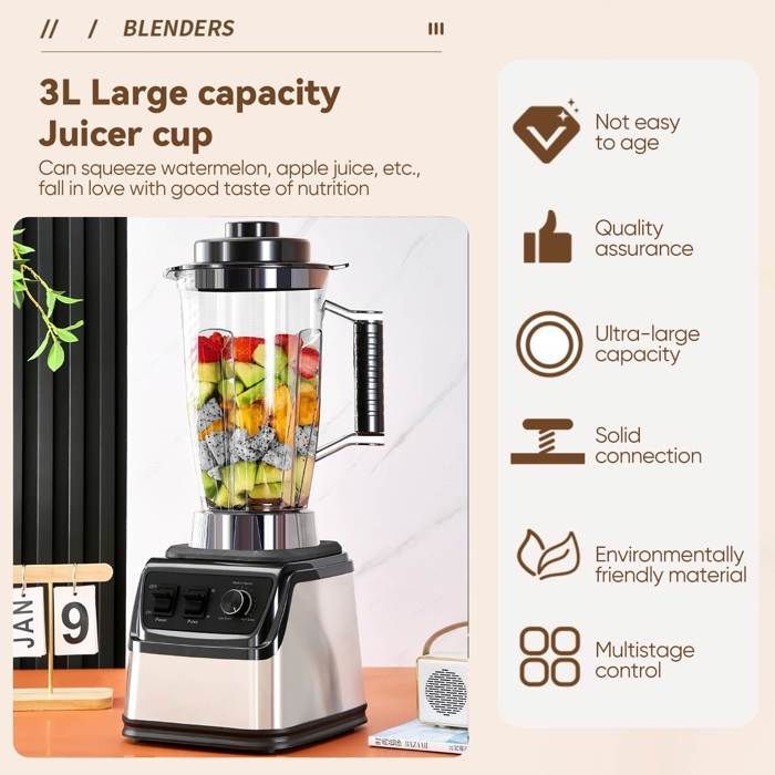 Blender - 9500 W - 15 Vitesses - Mixeur 3 en 1 - 3L+1.5L+0.5L - lames en acier inoxydable - Nettoyage Automatique - robot mixeur