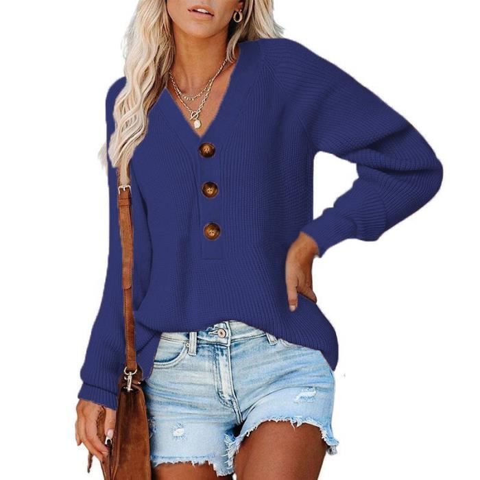 Maglione da donna in alpaca Autunno INSFITY - Scollo a V con bottoni - Blu navy