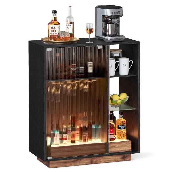 Mobile bar per vini con illuminazione - VASAGLE - Finitura in legno nero - Portabicchiere - Vetro scanalato - Soggiorno