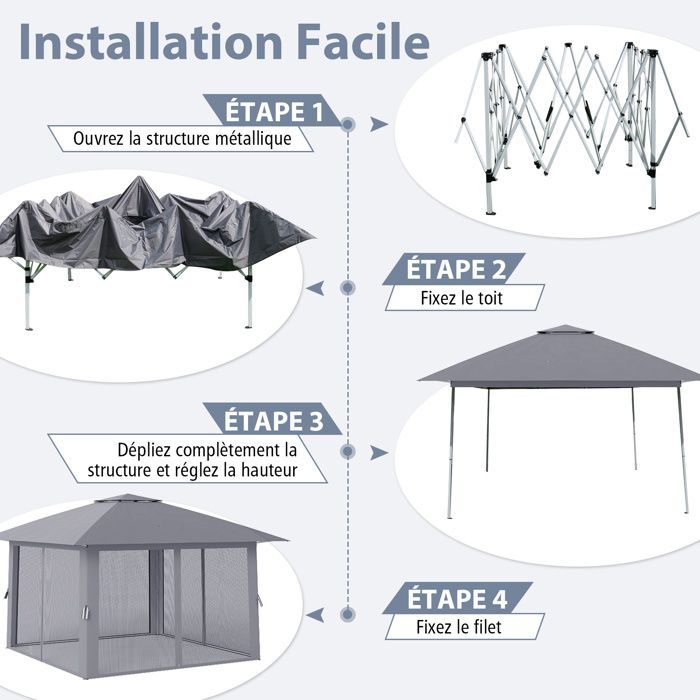 Tonnelle de Jardin Réception 394 x 394cm-COSTWAY- Pop-Up Hauteur Réglable à 3 niveaux -6 à 8 Personnes-Anti-UV Pliable pour Fête