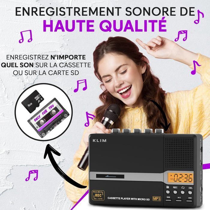 Reproductor y grabador de casetes K10, reproductor de casetes portátil y convertidor de MP3 + micrófono y altavoz integrados + auriculares