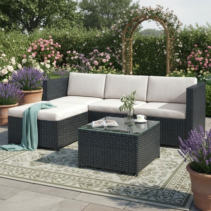 Set da giardino composto da divano angolare da esterno a 4 posti con tavolino, in resina intrecciata, nero.